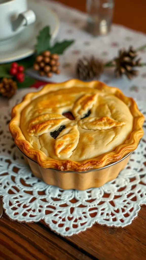 A traditional mince pie on a lace doily, accompanied by a cup of tea.
