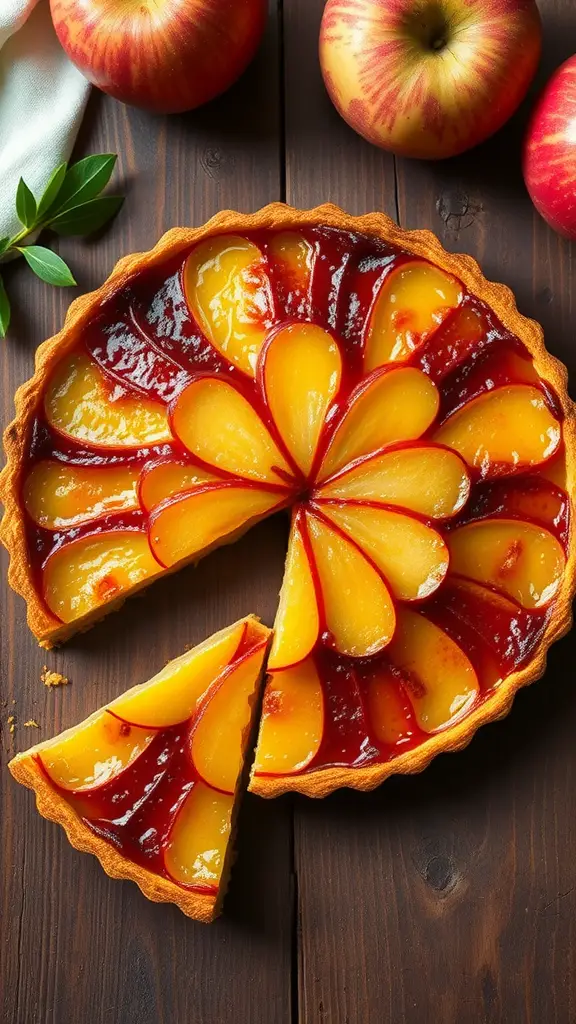 A beautifully arranged Tarte Tatin topped with caramelized apple slices, alongside fresh apples on a wooden table.