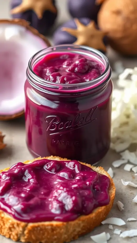A jar of Ube Halaya with a slice of bread spread with the purple yam jam, surrounded by coconut flakes and yams.
