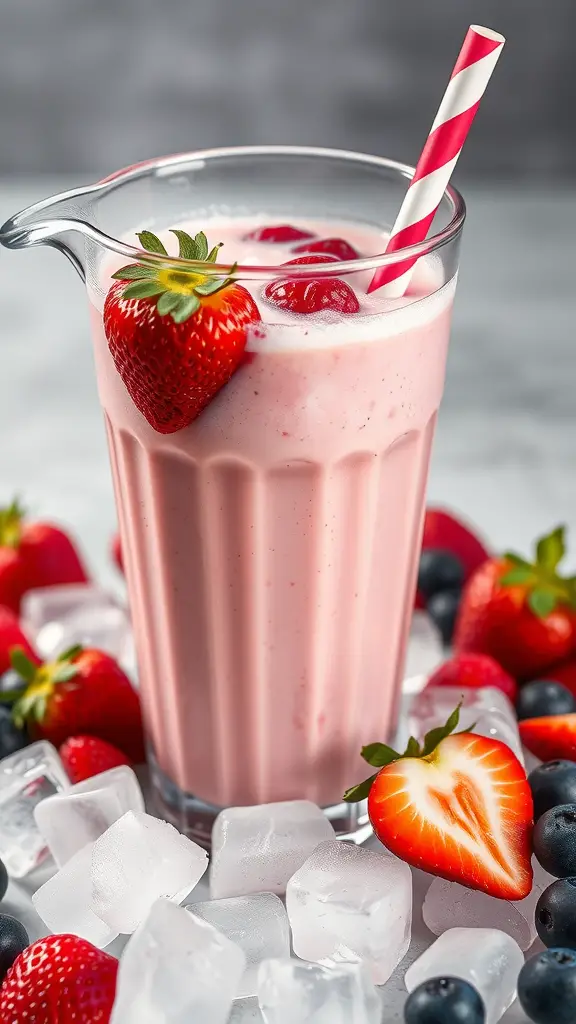 A refreshing strawberry milkshake in a glass with a straw, surrounded by fresh strawberries and ice cubes.