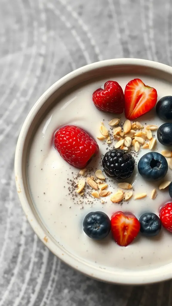 A bowl of vanilla chia seed pudding topped with strawberries, raspberries, blueberries, and oats.