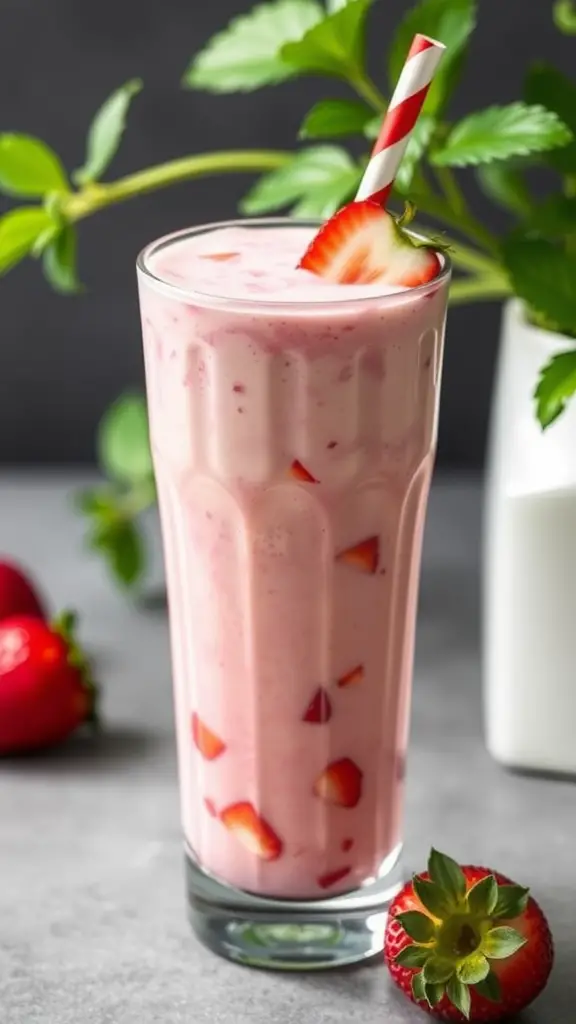 A delicious vegan strawberry milkshake topped with a slice of strawberry and a striped straw.