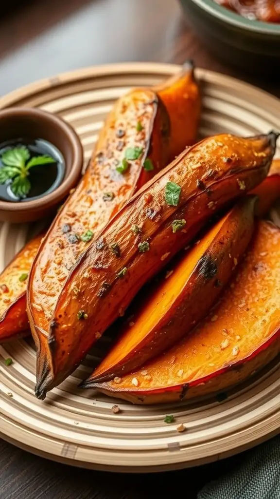 A plate of roasted sweet potatoes with a small bowl of dipping sauce.