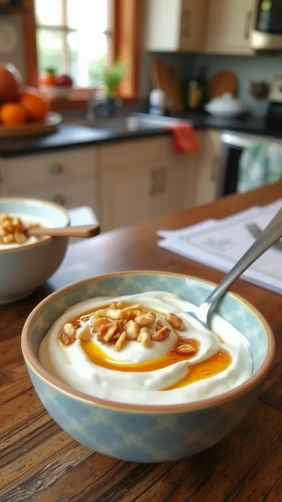 A bowl of yoghurt topped with honey and nuts on a kitchen table.