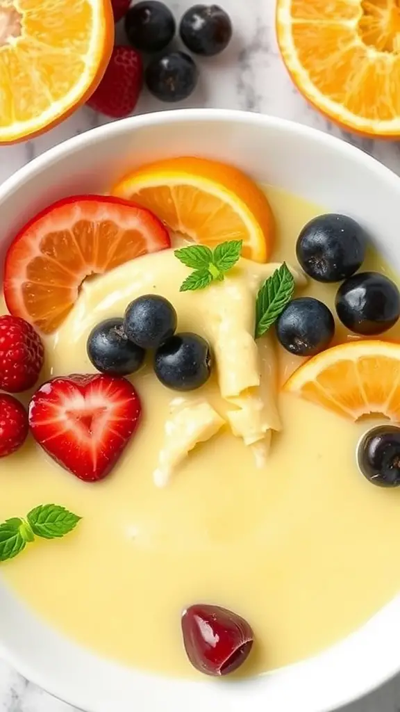 A bowl of zabaglione topped with fresh strawberries, blueberries, orange slices, and a sprig of mint.