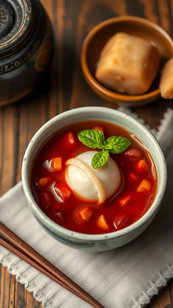Bowl of sweet red bean soup with dumplings and mint leaves, served on a wooden table