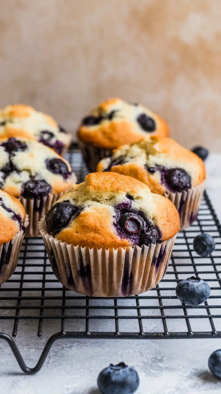 Freshly baked almond flour blueberry muffins on a cooling rack.