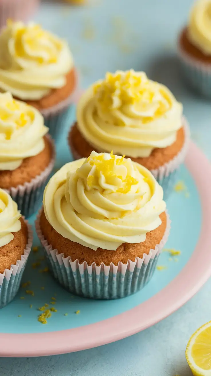 Delicious almond flour cupcakes topped with lemon frosting and yellow sprinkles.