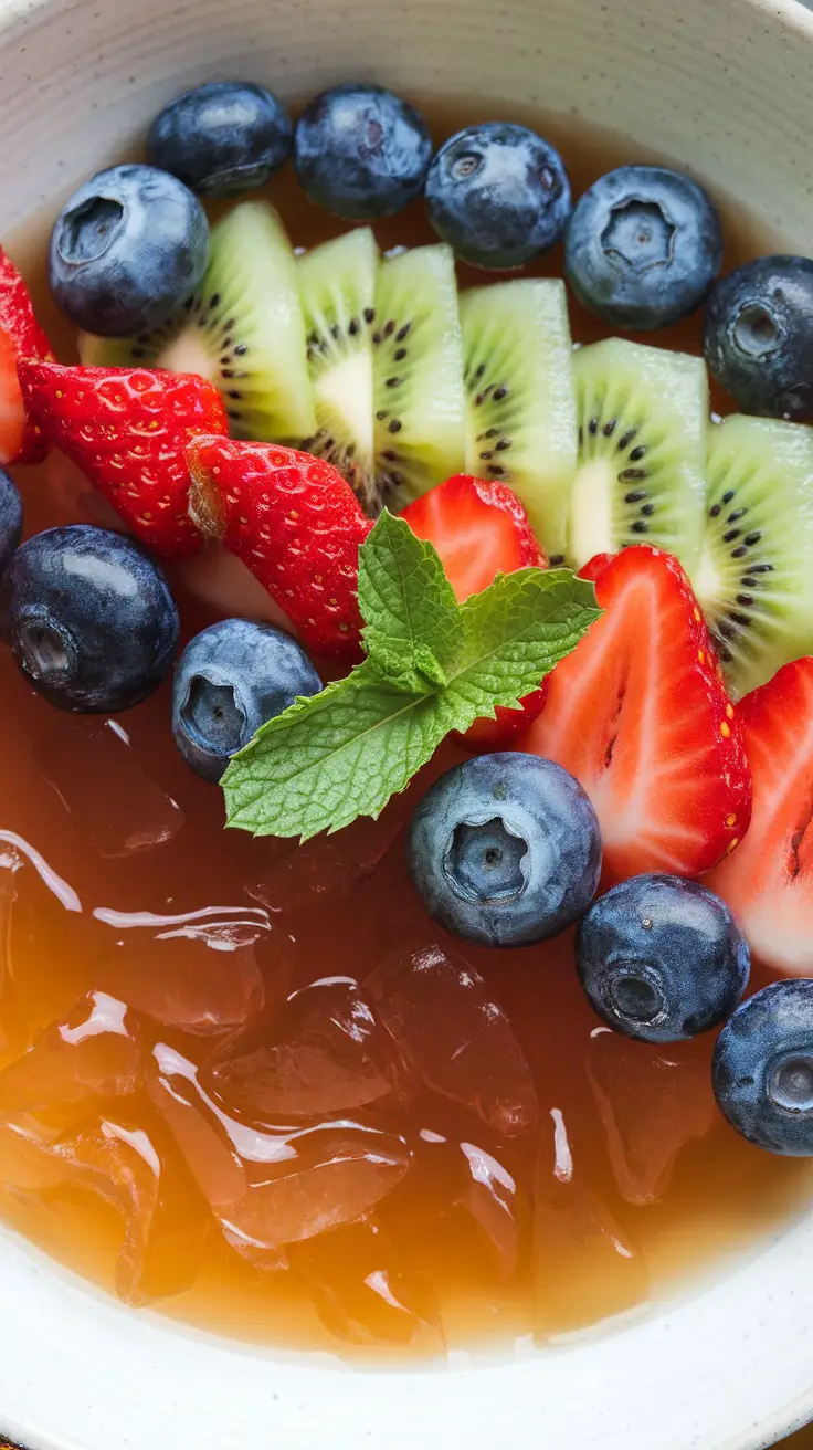 A bowl of almond jelly topped with a variety of fresh fruits including strawberries, blueberries, and kiwi.