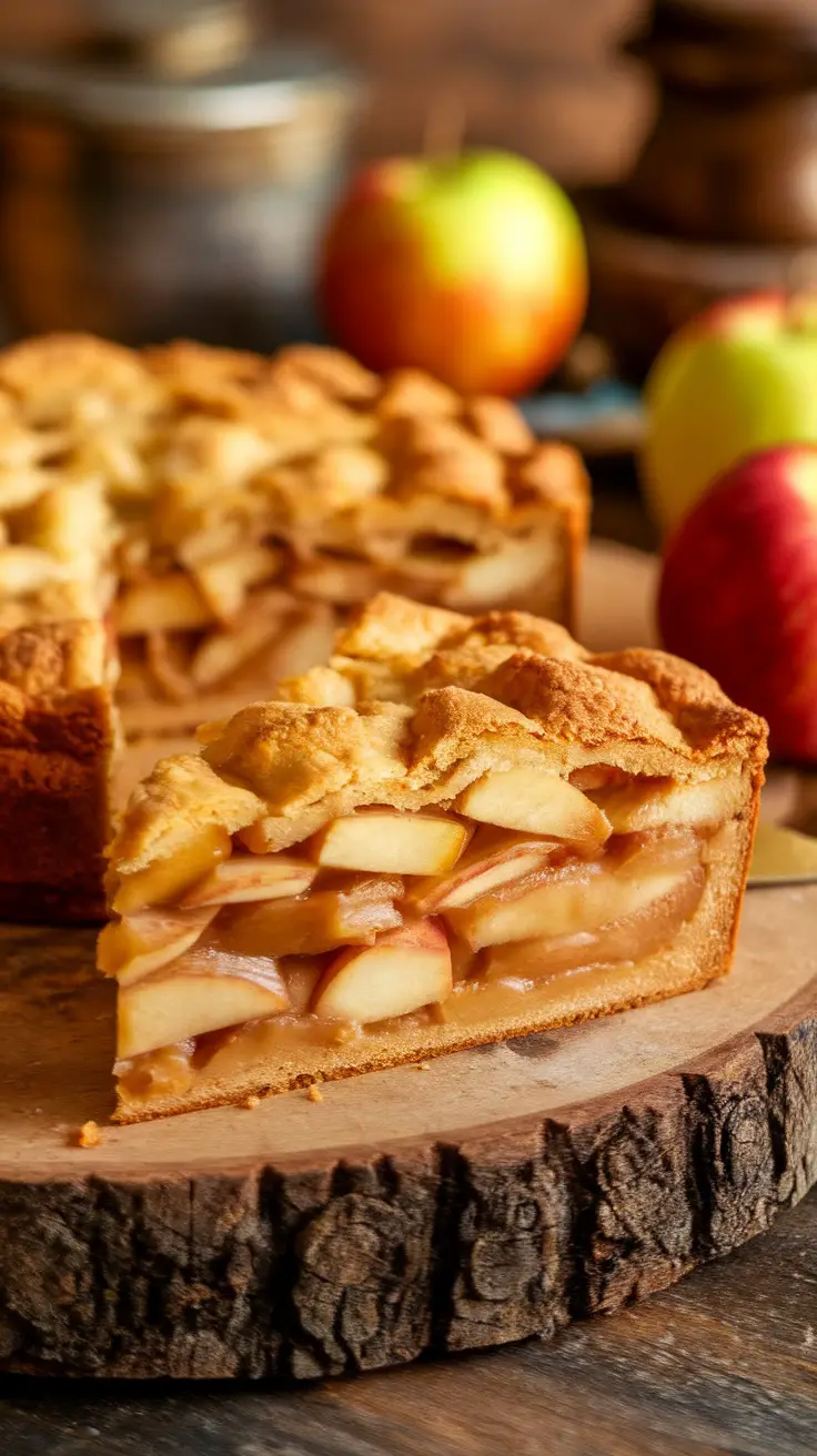 A slice of classic German apple cake with visible apple filling, placed on a wooden board.