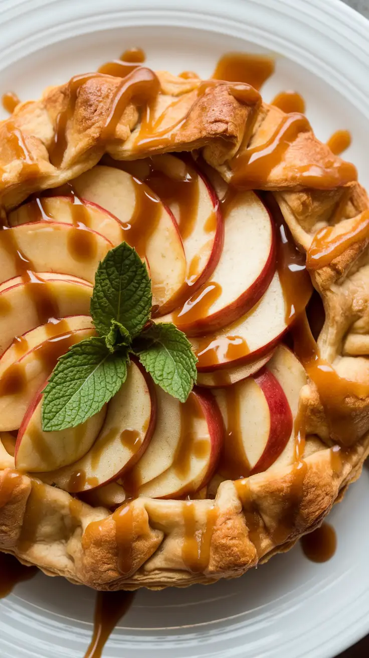 A delicious apple cinnamon puff pastry tart topped with caramel and mint leaves.