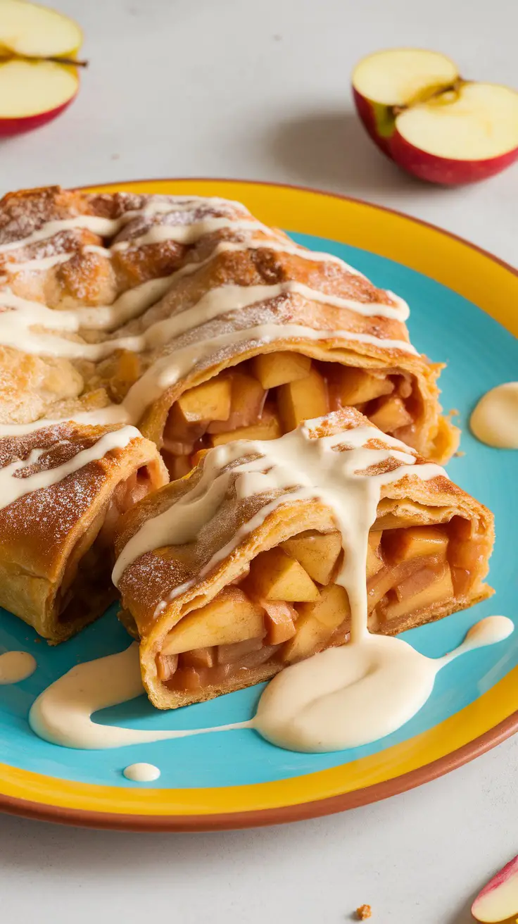 Apple strudel with vanilla sauce on a colorful plate, surrounded by sliced apples.