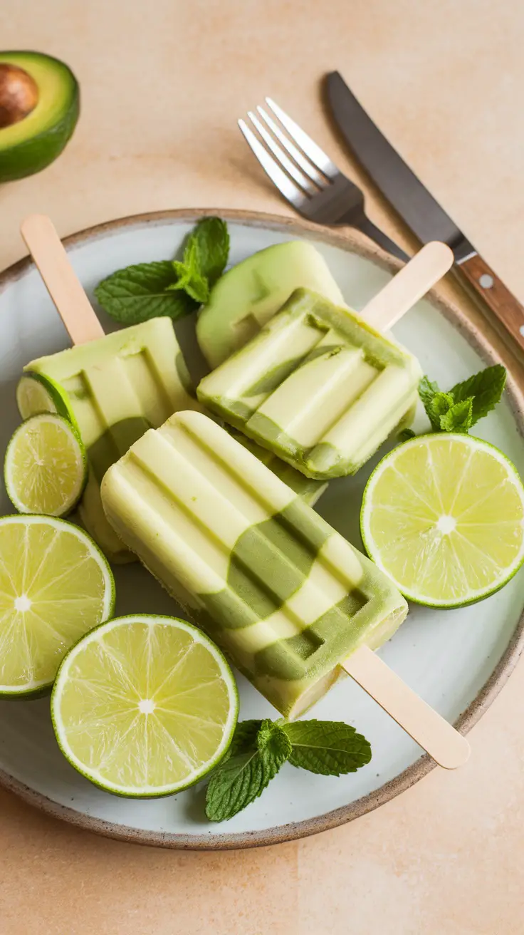 Avocado lime popsicles on a plate with lime slices and mint leaves