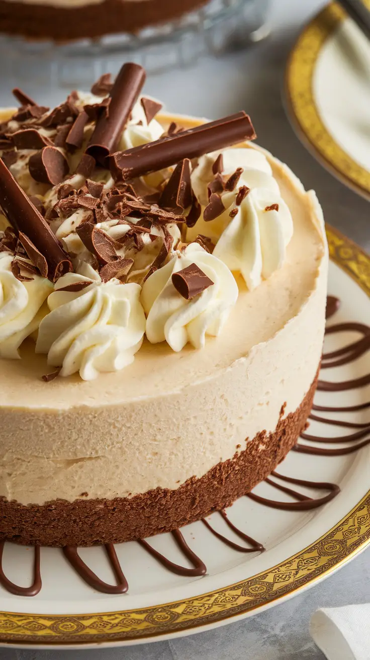 A delicious Baileys cheesecake with chocolate crust, topped with whipped cream and chocolate shavings.