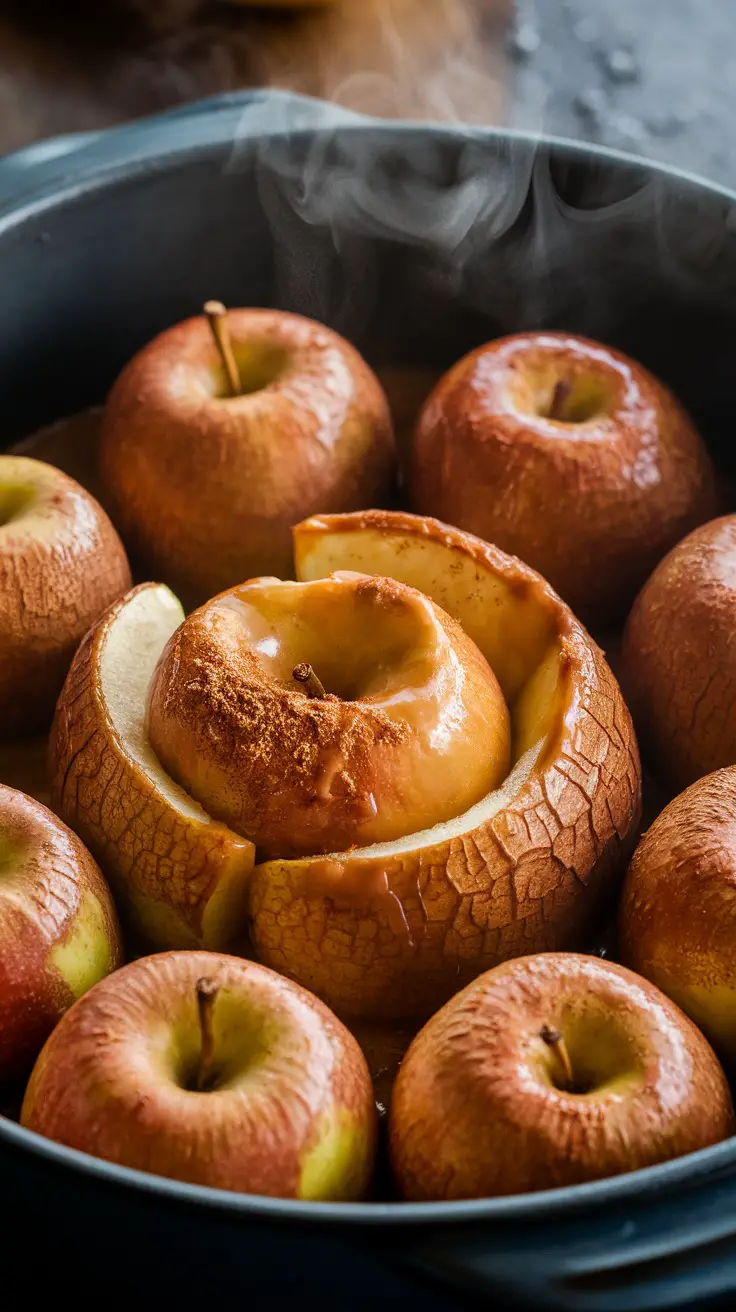 A pan of baked cinnamon apples with steam rising