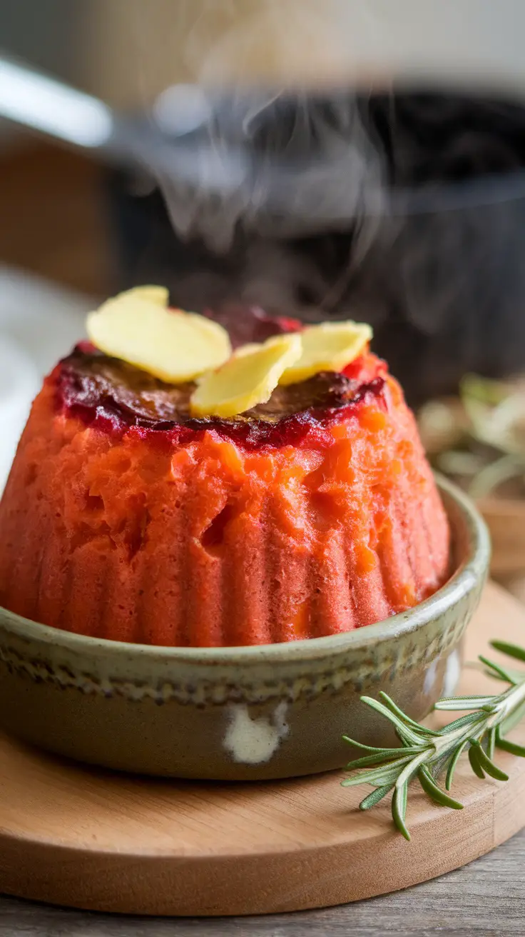 A steaming baked rhubarb and ginger pudding topped with ginger slices.