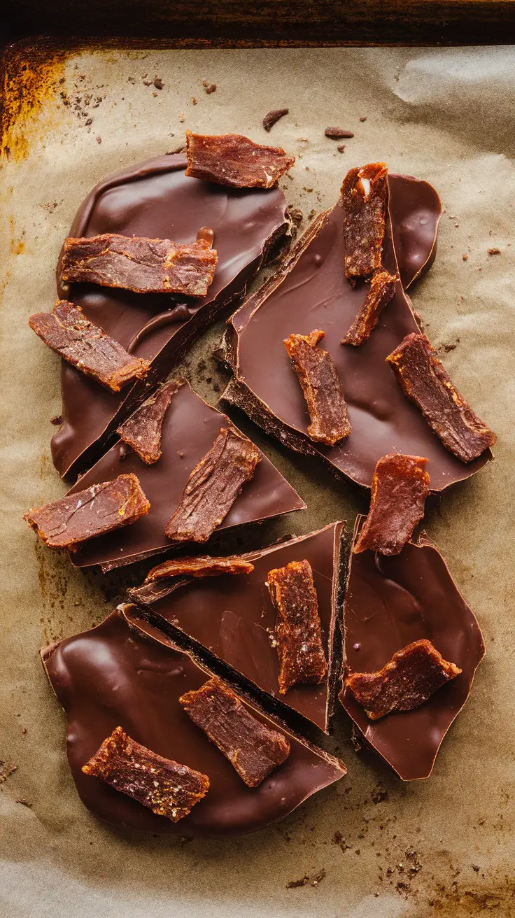 Chocolate bark with pieces of beef jerky on parchment paper