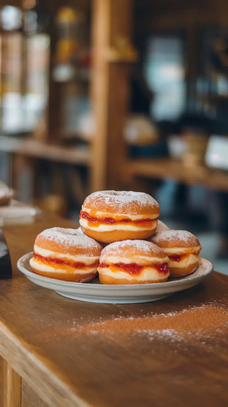 A plate of Berliner doughnuts filled with jam, dusted with powdered sugar.