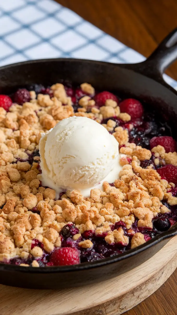 A delicious berry crumble topped with a scoop of vanilla ice cream.