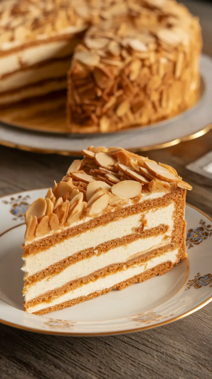 A slice of Bienenstich cake on a decorative plate, showcasing honey almond topping and creamy layers.