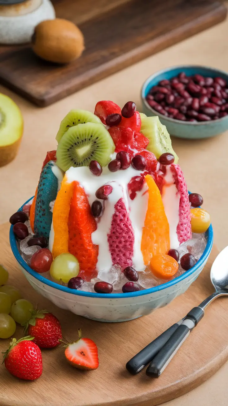 A delicious bowl of bingsu topped with assorted fruits, red beans, and creamy milk.