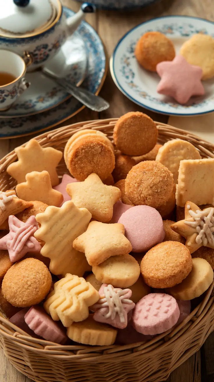 A basket filled with colorful bizcochos, sweet biscuits with various shapes and sizes, alongside tea cups.