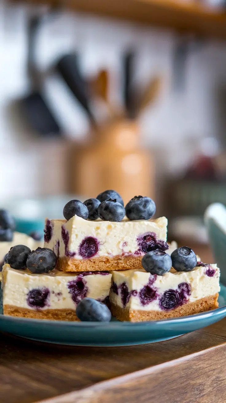 Delicious blueberry cheesecake bars topped with fresh blueberries