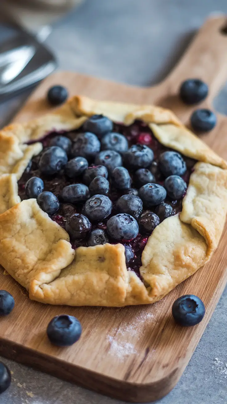 A freshly baked blueberry galette on a wooden board, topped with plump blueberries.