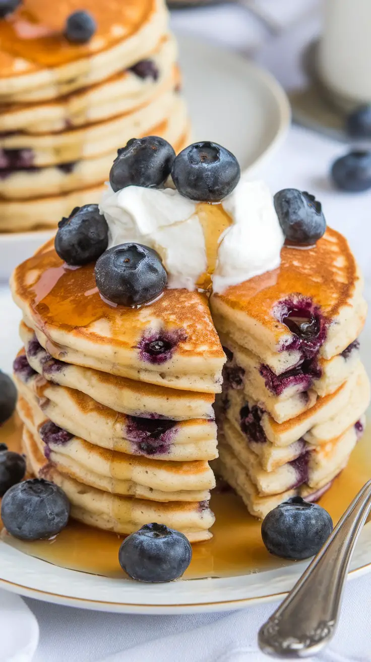 A stack of blueberry pancakes topped with blueberries and maple syrup