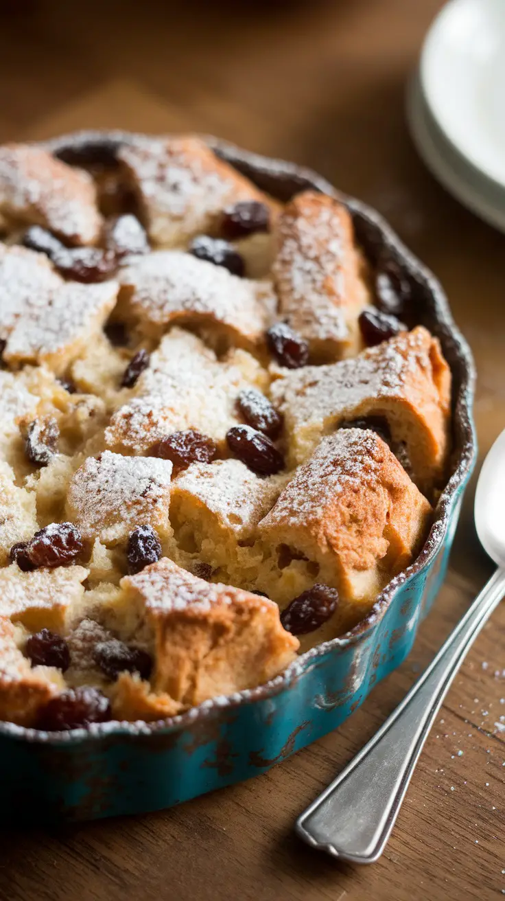 A delicious bread and butter pudding topped with powdered sugar and raisins.