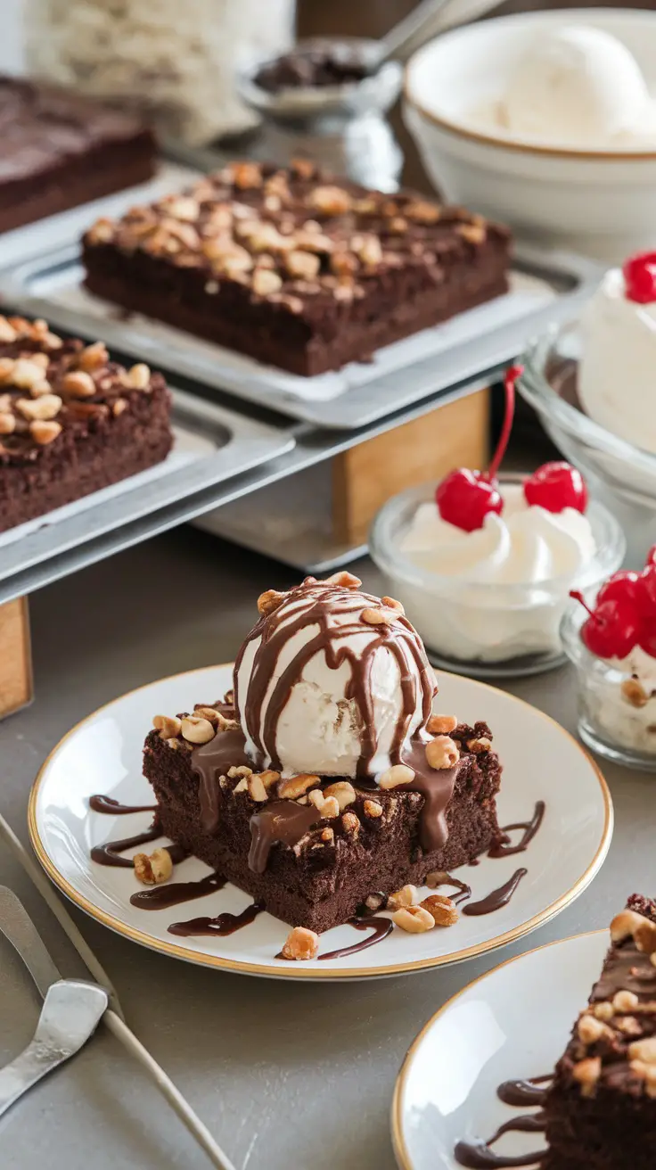 A delicious brownie sundae topped with ice cream, nuts, and chocolate sauce.