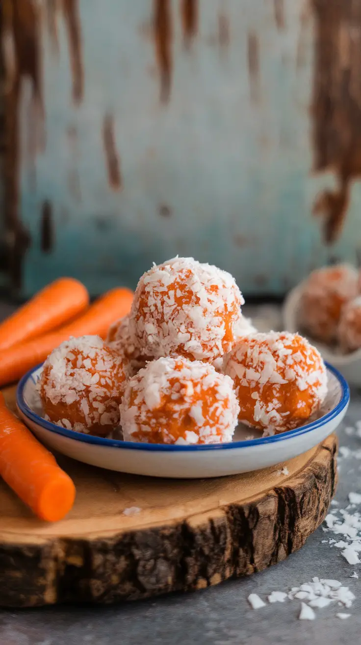 Plate of carrot cake energy bites on a wooden surface with fresh carrots