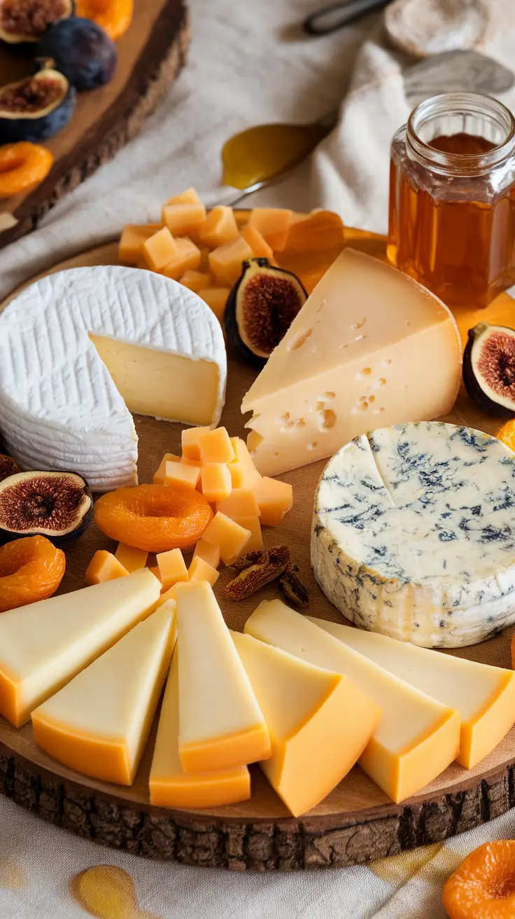 A cheese board featuring various cheeses, figs, apricots, and a jar of honey.