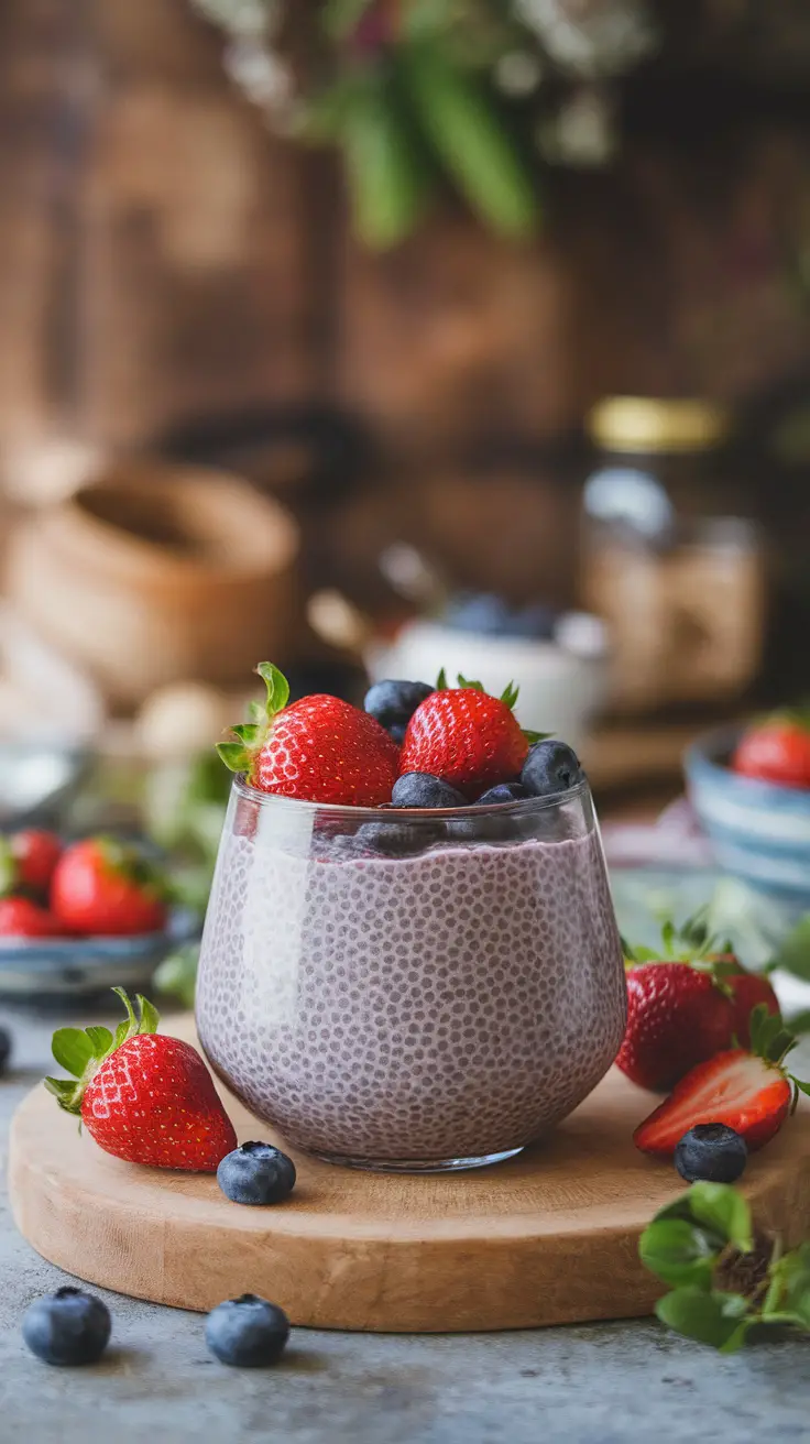 A glass of chia seed pudding topped with strawberries and blueberries, served on a wooden board.