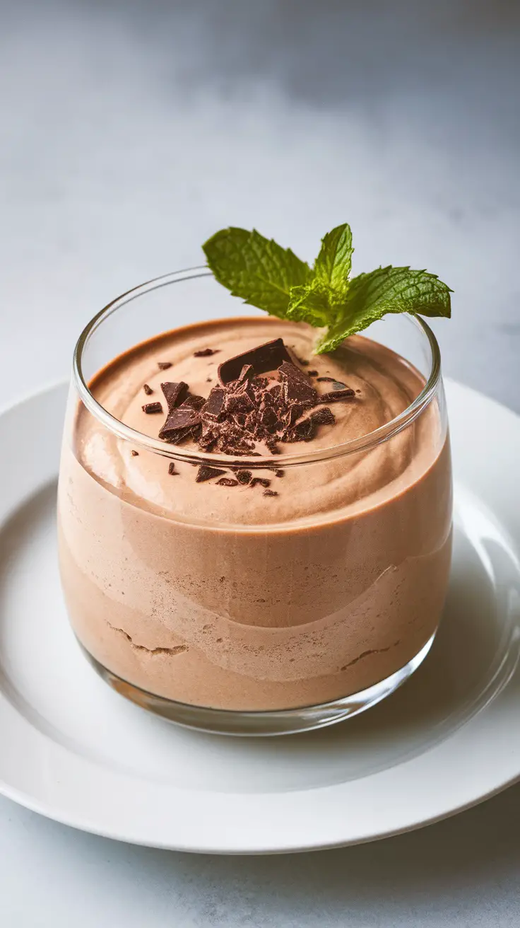 A glass of chocolate avocado mousse topped with mint leaves and chocolate shavings.