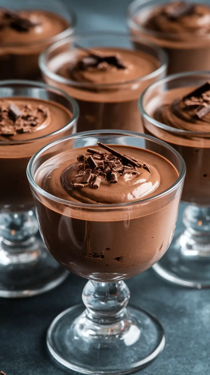 A close-up of chocolate avocado mousse in glass cups, topped with chocolate shavings.