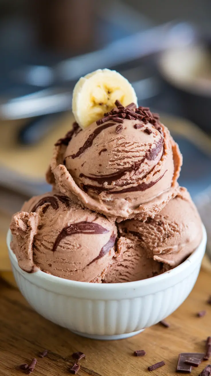 A bowl of chocolate banana ice cream with a slice of banana on top