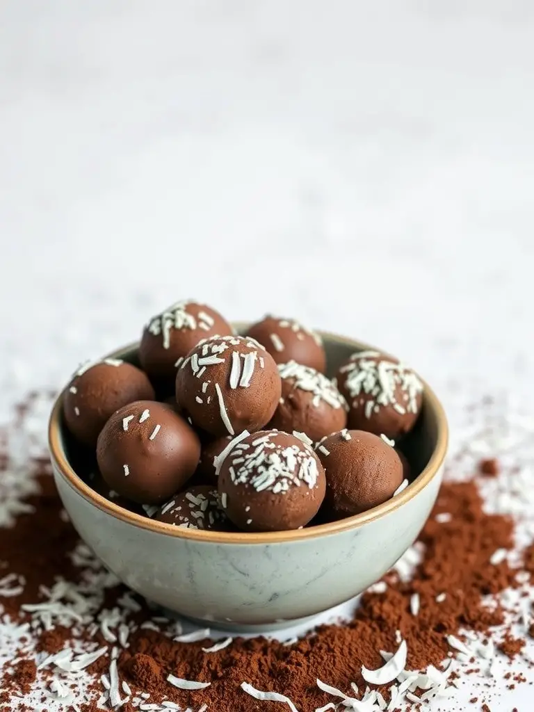 A bowl of chocolate coconut energy balls topped with shredded coconut