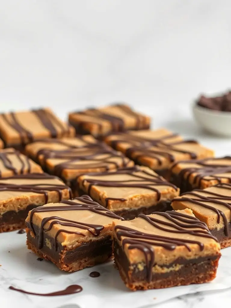 Chocolate peanut butter bars drizzled with chocolate on a marble surface.
