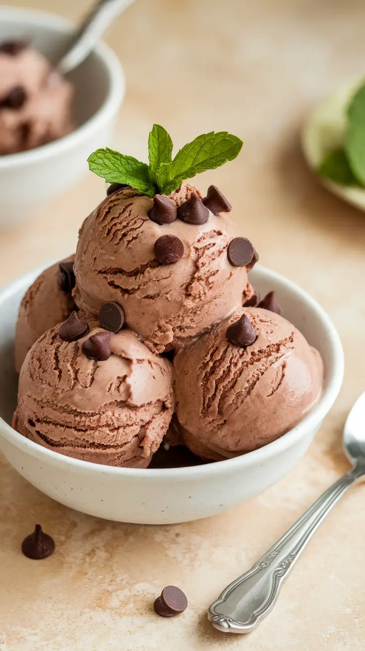 A bowl of chocolate protein ice cream topped with chocolate chips and a mint leaf.