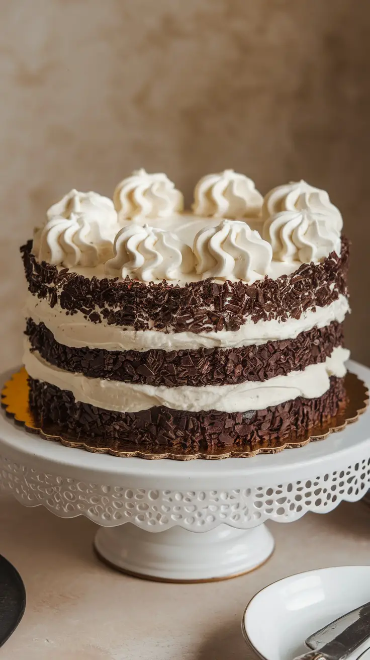A beautifully layered chocolate stout cake with Irish cream frosting and chocolate shavings on a white cake stand.