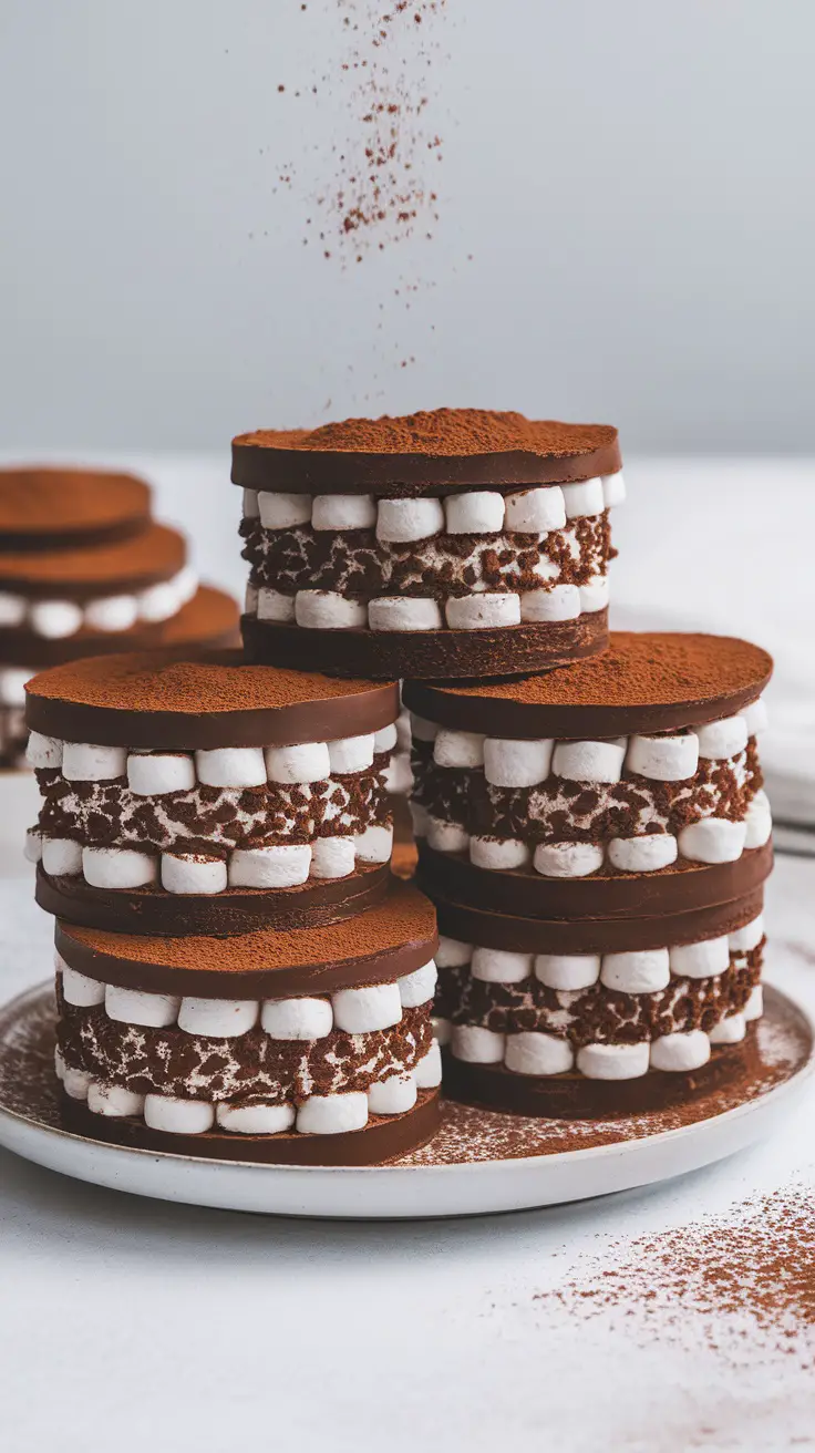 A stack of Chocopie chocolate-covered treats with a sprinkle of cocoa powder.