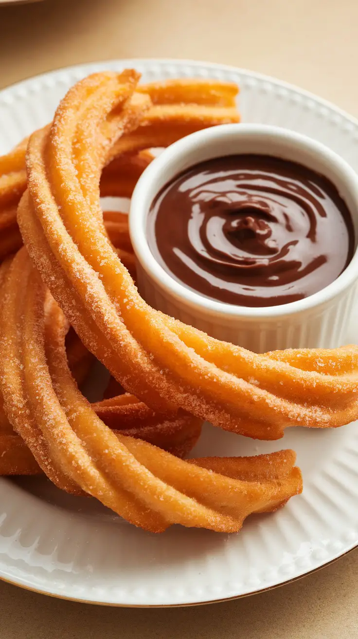 Plate of churros with a small bowl of chocolate sauce