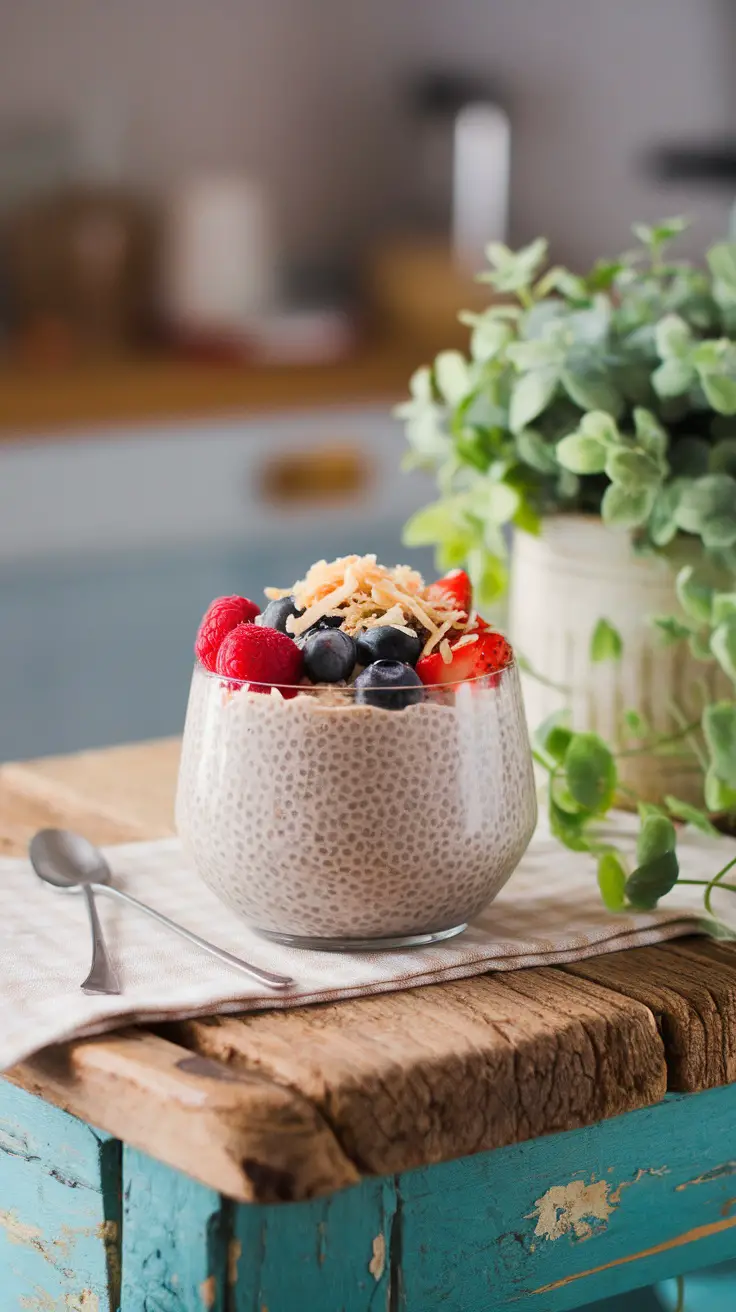 A glass of coconut chia seed pudding topped with berries and shredded coconut on a wooden table.