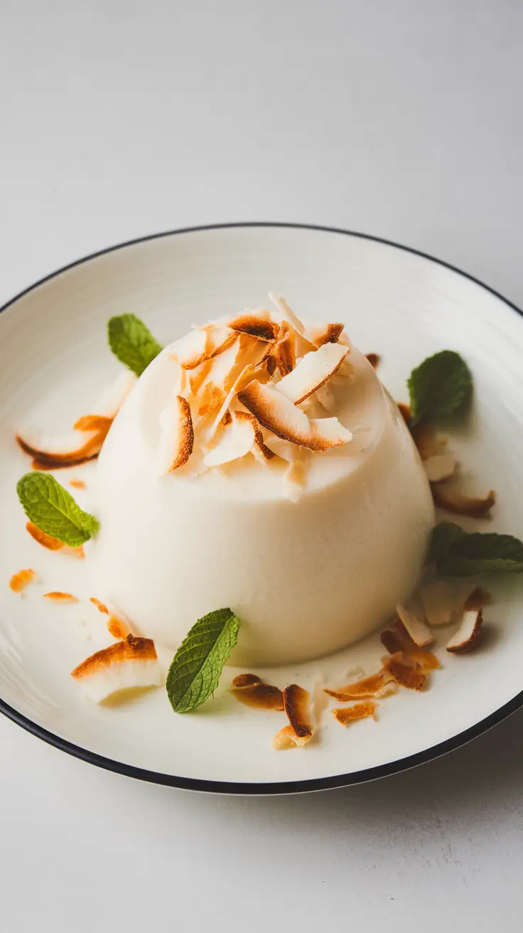 A creamy coconut milk panna cotta topped with toasted coconut flakes and mint leaves.