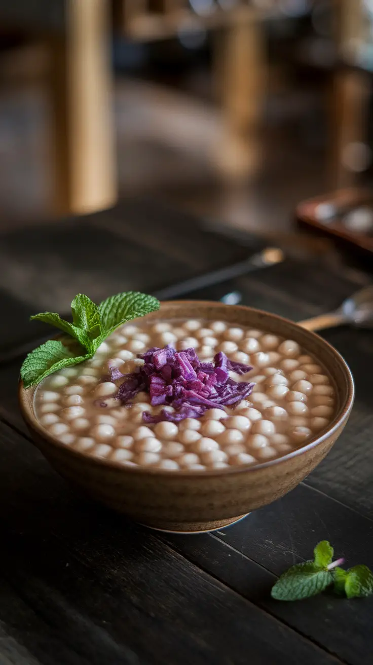 A bowl of coconut milk tapioca pearls topped with purple sweet potato and mint.