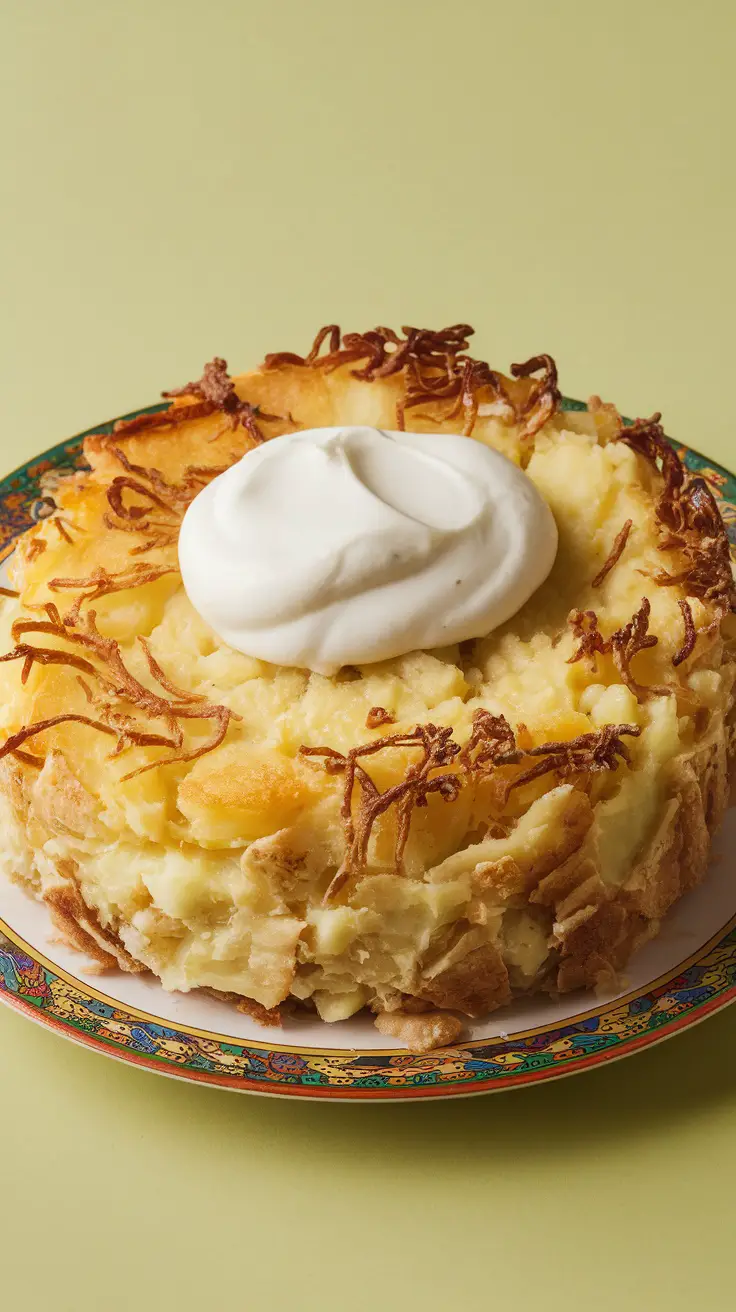A delicious colcannon cake topped with cream on a decorative plate.