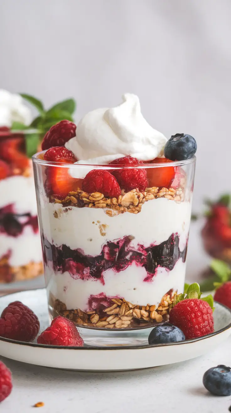 A delicious cottage cheese fruit parfait with layers of fruit, granola, and whipped cream.