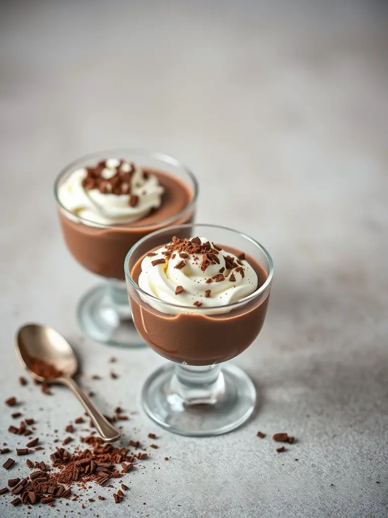 Two cups of chocolate mousse topped with whipped cream and chocolate shavings.