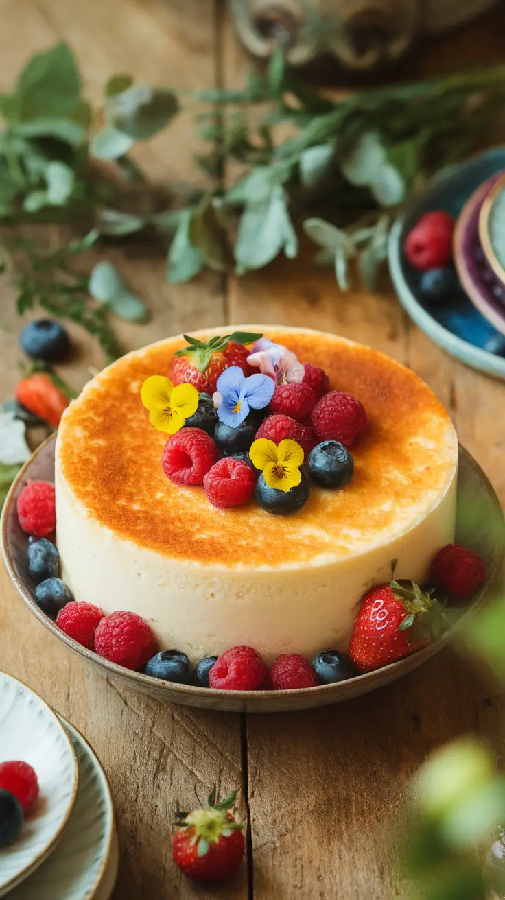 A creamy mascarpone dessert topped with fresh berries and edible flowers.